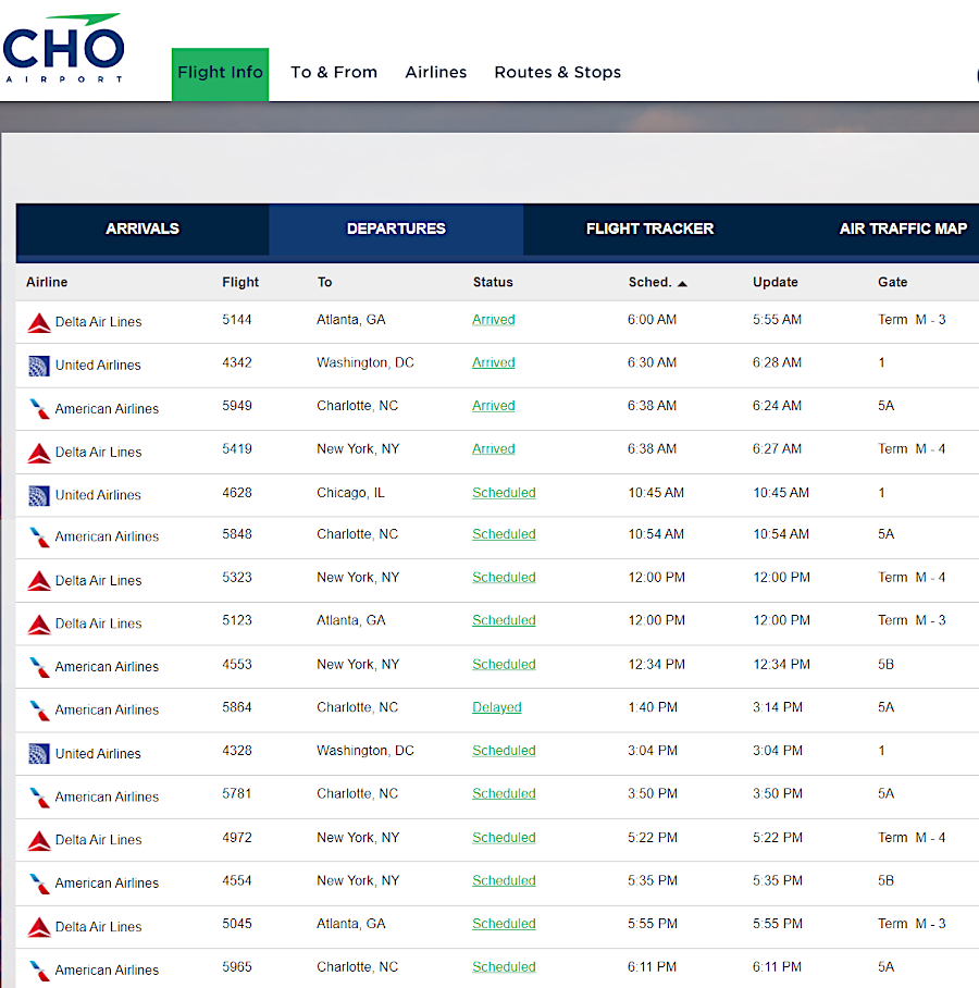 arrivals and departures from Charlottesville Albemarle Airport (CHO) on January 9, 2024