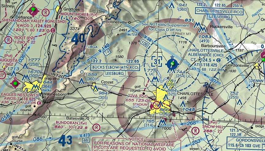 aeronautical chart for area including Charlottesville Albemarle Airport (CHO) and Shenandoah Valley Regional Airport (SHD)