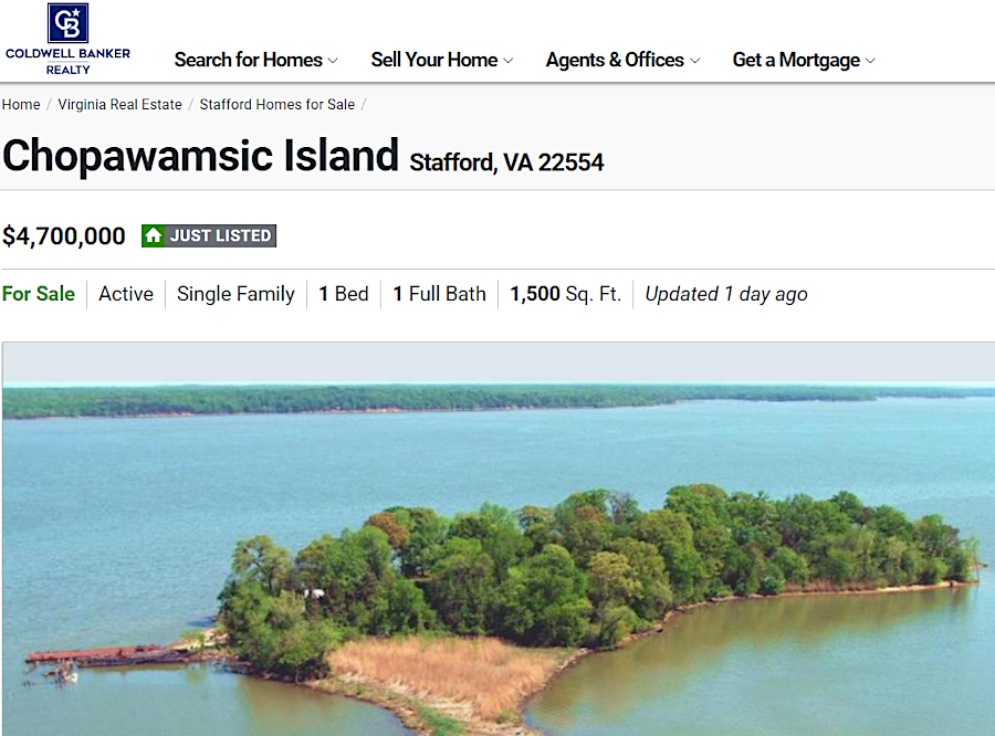 Chopawamsic Island was listed for sale in 2022 at a price of $4.7 million
