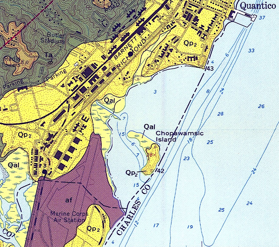 Chopawamsic Island consists of terrace deposits (sand/clay sediments) of the Potomac River, formed as the channel moved over the last 2.6 million years