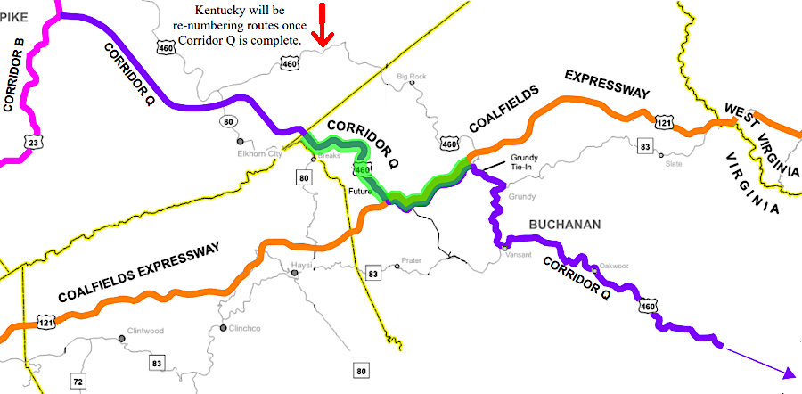 the US 460 route through Southwest Virginia/Kentucky was to be switched to the Corridor Q route, once construction was completed in 2027