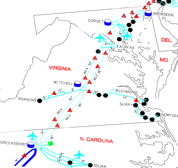 path of Colonial's No.3 and No.4 pipelines through Virginia, with connections to Roanoke, Richmond and Hampton Roads
