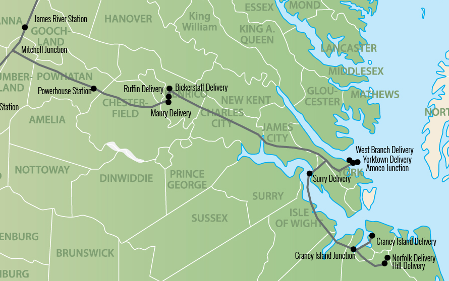 Colonial Pipeline has a spur delivering refined petroleum products to terminals near Richmond and in Hampton Roads