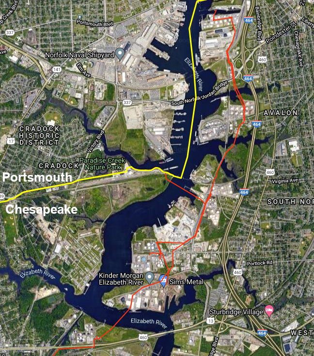 Colonial Pipeline spur to Hampton Roads (red line) serves multiple terminals on the Southern Branch of the Elizabeth River  (yellow line is Portsmouth/Chesapeake city boundary)