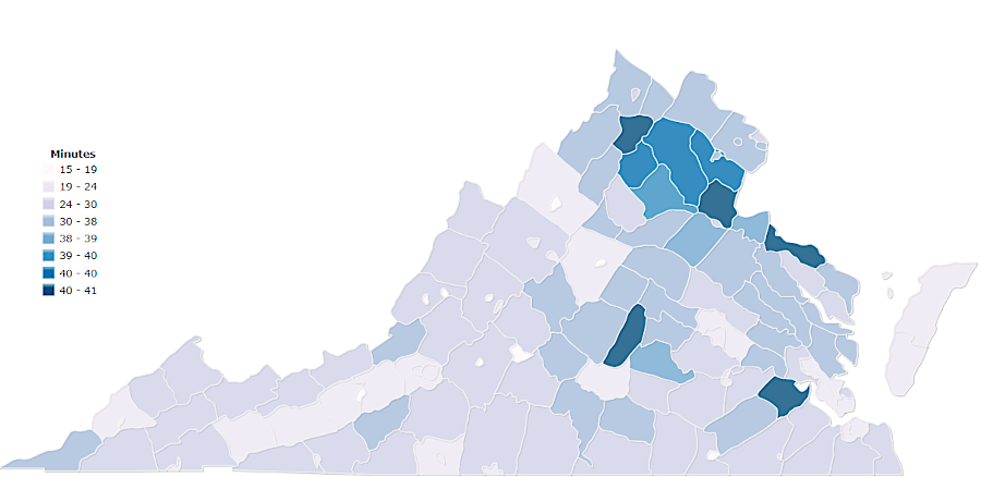 the average (mean) travel time to work in Virginia in 2014-2018 was 28.4 minutes