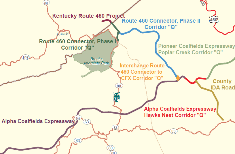 the Coalfields Expressway will be linked to US 460 by the Corridor Q project