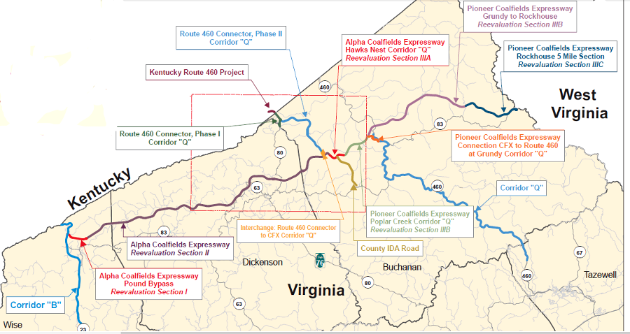 the Coalfields Expressway will be linked to US 460 by the Corridor Q project