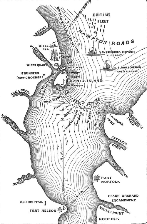 Craney Island in 1813, when the Thoroughfare separated the island from the mainland