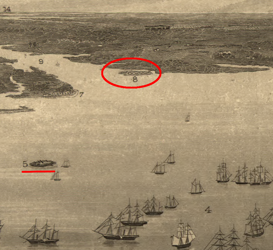 Craney Island (No. 8, in red circle) was fortified by Confederates while Fort Wool (No. 5) remained occupied by Union forces