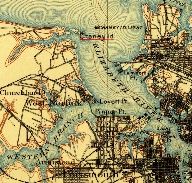 Craney Island, on the west side of the Elizabeth River in Hampton Roads, has been dramatically transformed since this 1902 map