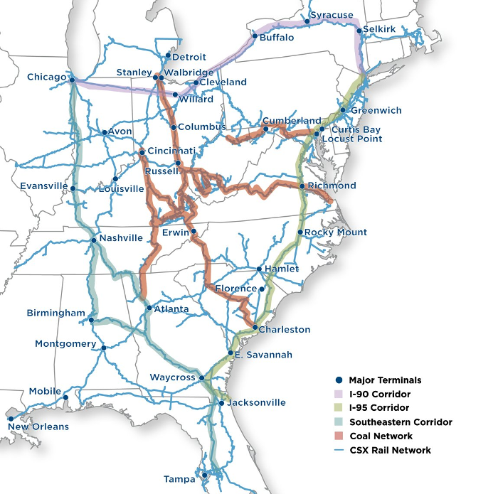 coal transportation is concentrated in the central core of the CSX rail network