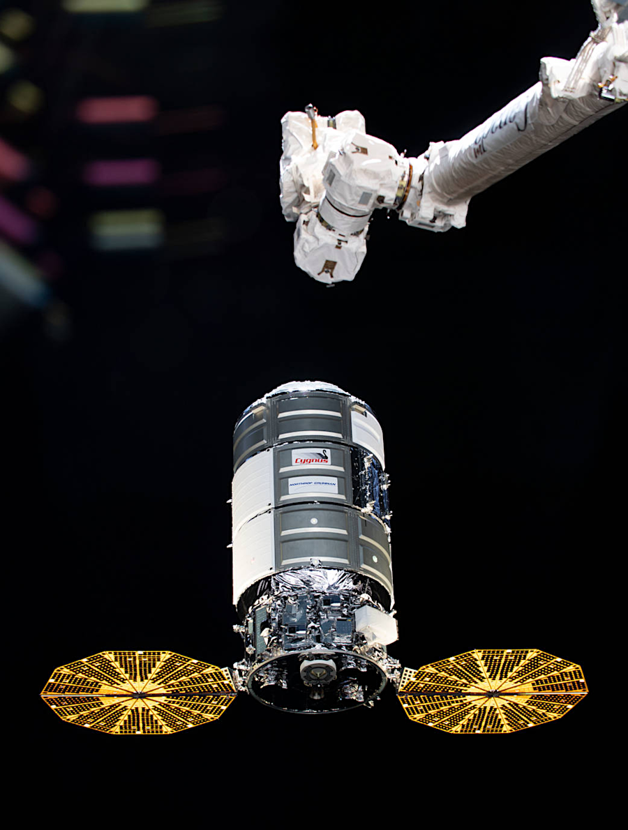 the International Space Station's robotic arm captures the Cygnus capsules launched from Wallops