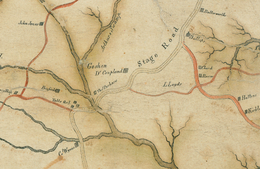 in 1820 the stage road in Dinwiddie County curved to adapt to local topography, unlike modern straight roads