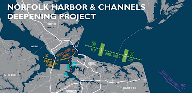 by dredging a deeper channel between 2019-2024, ships requiring 56 feet of water depth could reach Port of Virginia terminals
