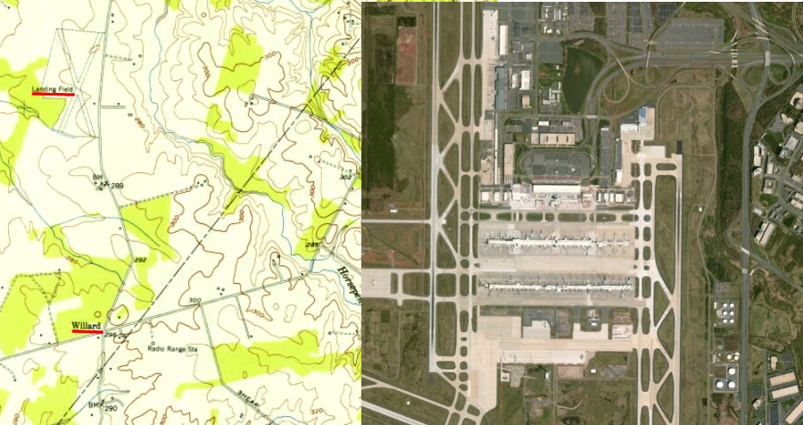 Dulles then and now: the old Blue Ridge Airport and the community of Willard are now replaced by modern runways and the terminal complex