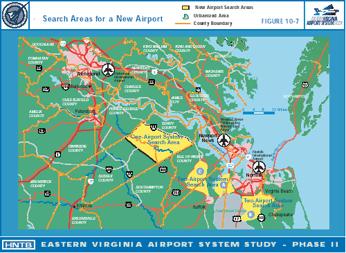 the Eastern Virginia Airport System Study examined building a new mega-airport in Sussex County to replace three existing airports, and looked at three alternatives for consolidating just the airports at Newport News and Norfolk