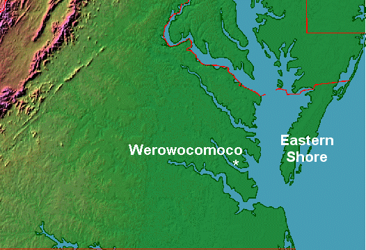 Powhatan's capital was on the north bank of the York River at Werowocomoco, but he still controlled the Eastern Shore