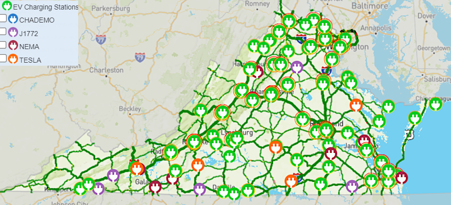 the Virginia Department of Transportation (VDOT) 511 website identifies the location of different types of EV charging stations