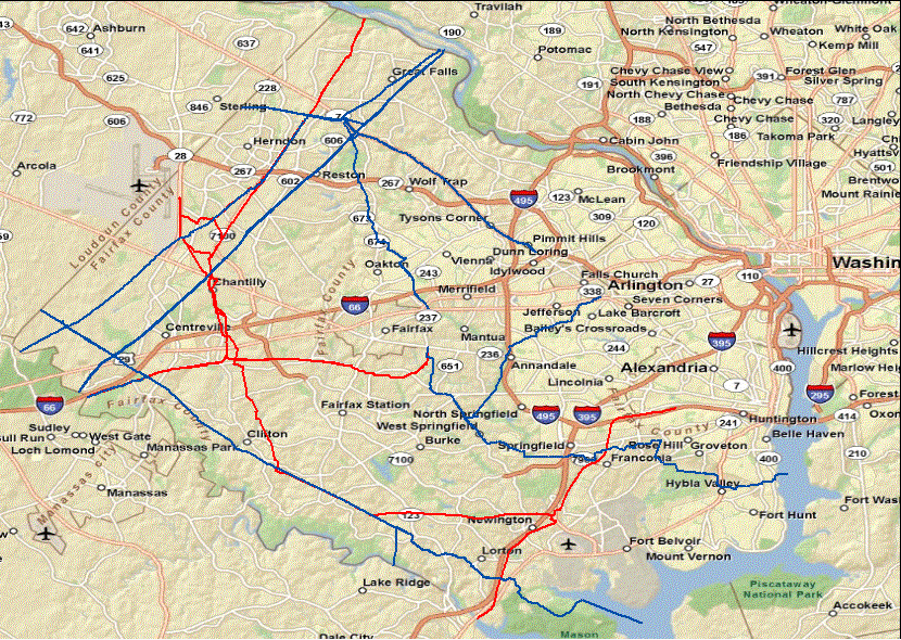 natural gas (blue) and oil (red) pipelines in Fairfax County