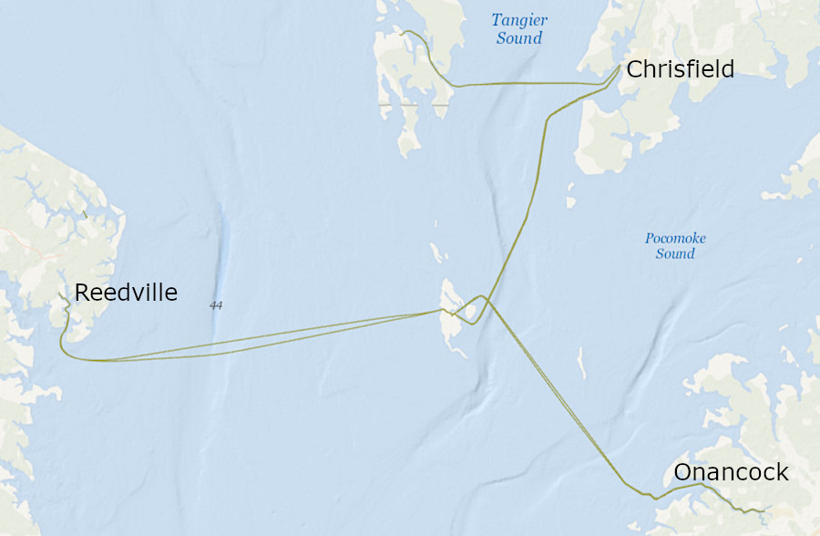in 2021, ferries connected Tangier Island to Onancock, Crisfield, and Reedville