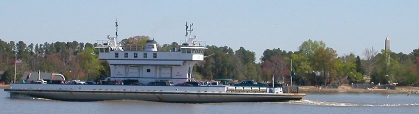 ferry passing in front of Jamestown