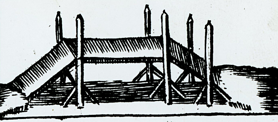 sketch of the first bridge constructed at Jamestown in 1611