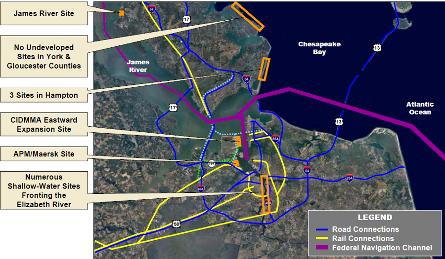 alternative locations considered for a new container terminal, before selecting eastward extension of Craney Island