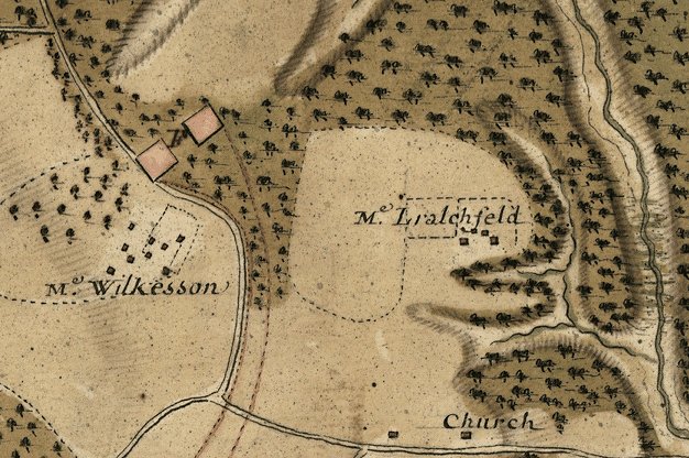 pattern of open fields, forests, roads and buildings - plantations near Green Spring (Williamsburg area), 1781