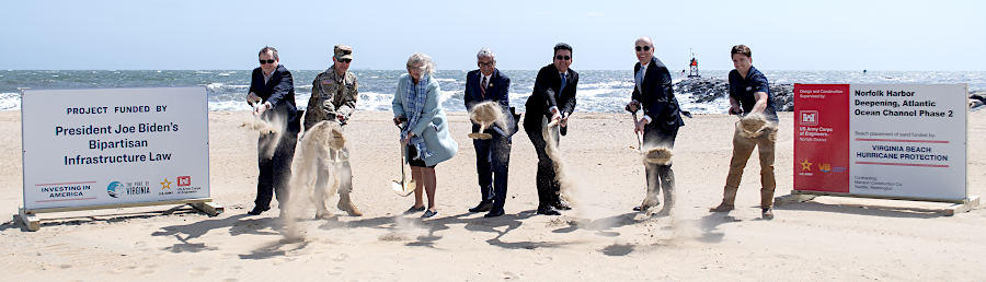 groundbreaking for Phase II of th3e Wider, Deeper, Safer dredging project in 2024 involved throwing sand with shovels