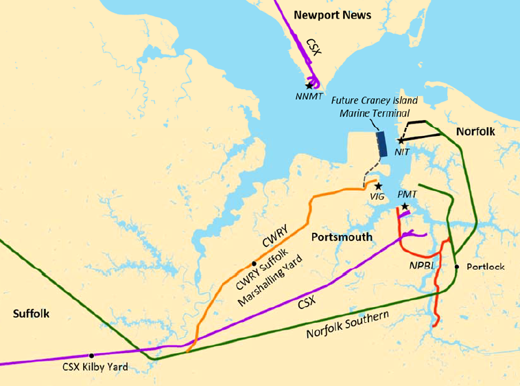 the short-line Commonwealth Railway (CWRY) and Norfolk and Portsmouth Belt Line (NPBL) ensure shippers using Port of Virginia terminals have access to both CSX and Norfolk Southern railroads