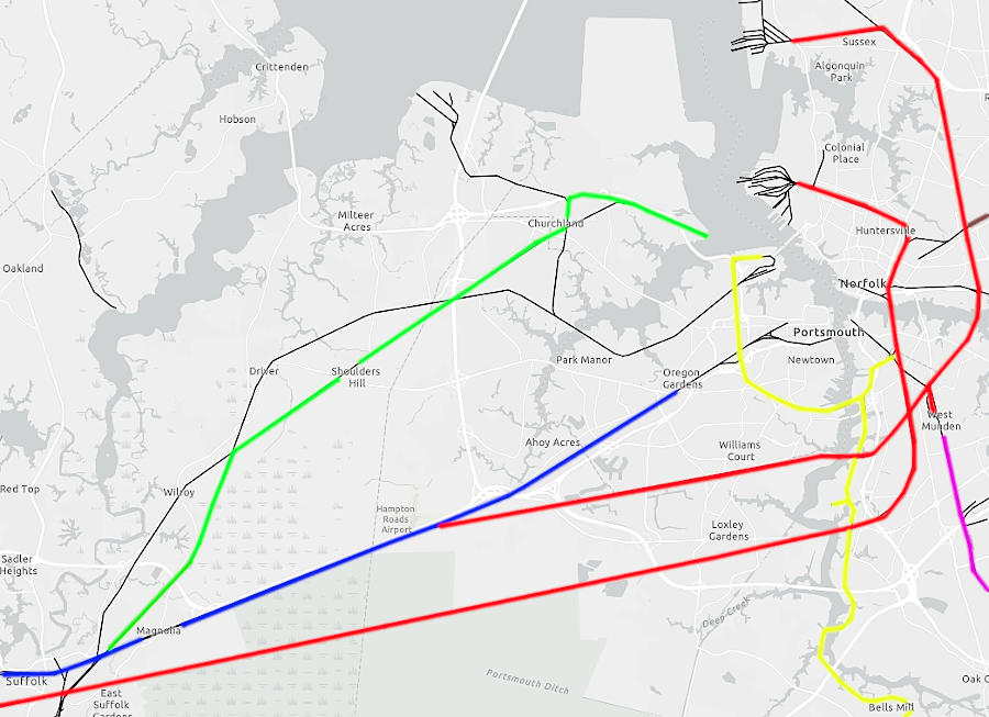the Norfolk Southern (red), CSX (blue) , Commonwealth Railway (green), Buckingham Branch (brown), Chesapeake and Albemarle (purple) and the Norfolk and Portsmouth Belt Line Railroad (yellow) are still active today