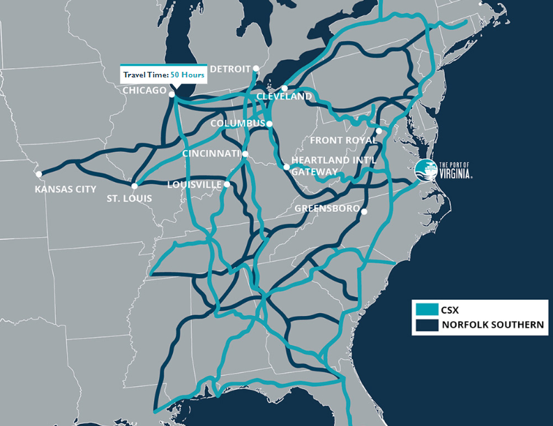 rail shipments from the Port of Virginia can reach Chicago in 50 hours