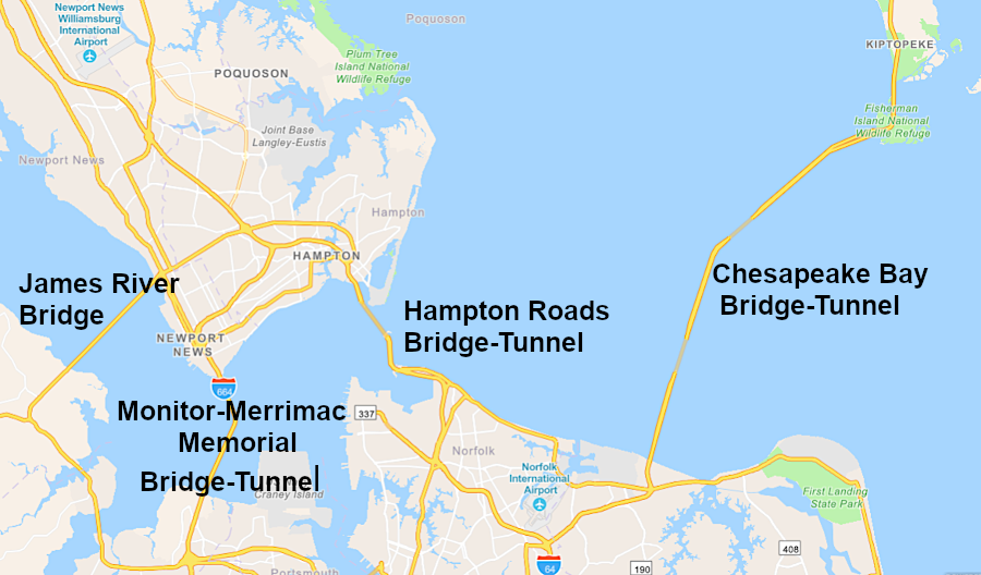 there are multiple road crossings at Hampton Roads, but no railroad bridges