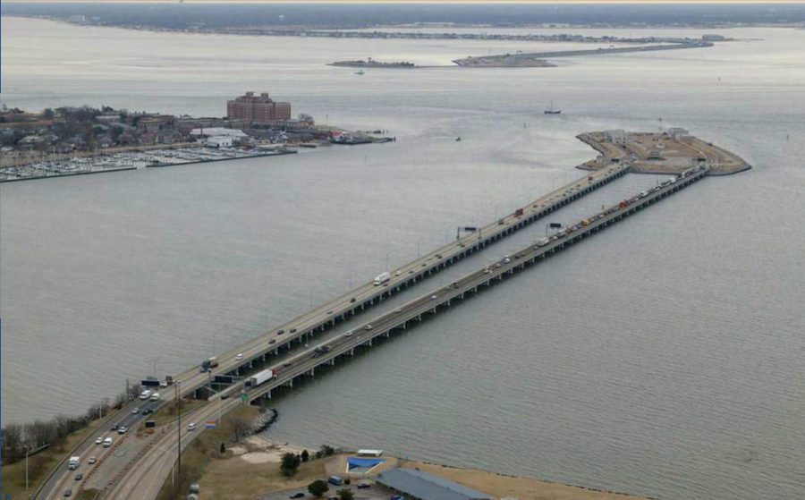 Hampton Roads Bridge-Tunnel, looking from Newport News towards Norfolk before expansion