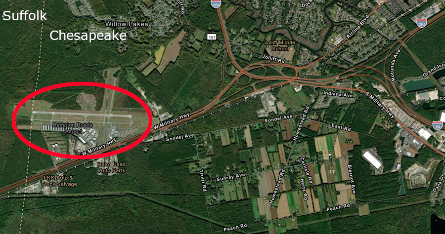 the Hampton Roads Executive Airport is located on the western edge of the City of Chesapeake