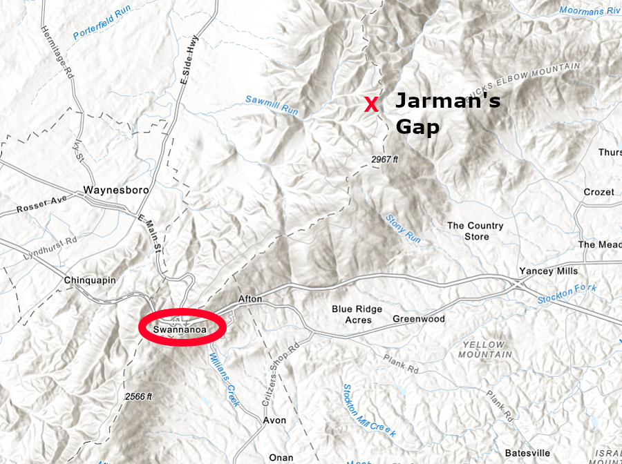 I-64 (and US250) pass through Afton Gap (circled), while the Three Chopt Road passed through Jarman's (Wood's) Gap (red X)