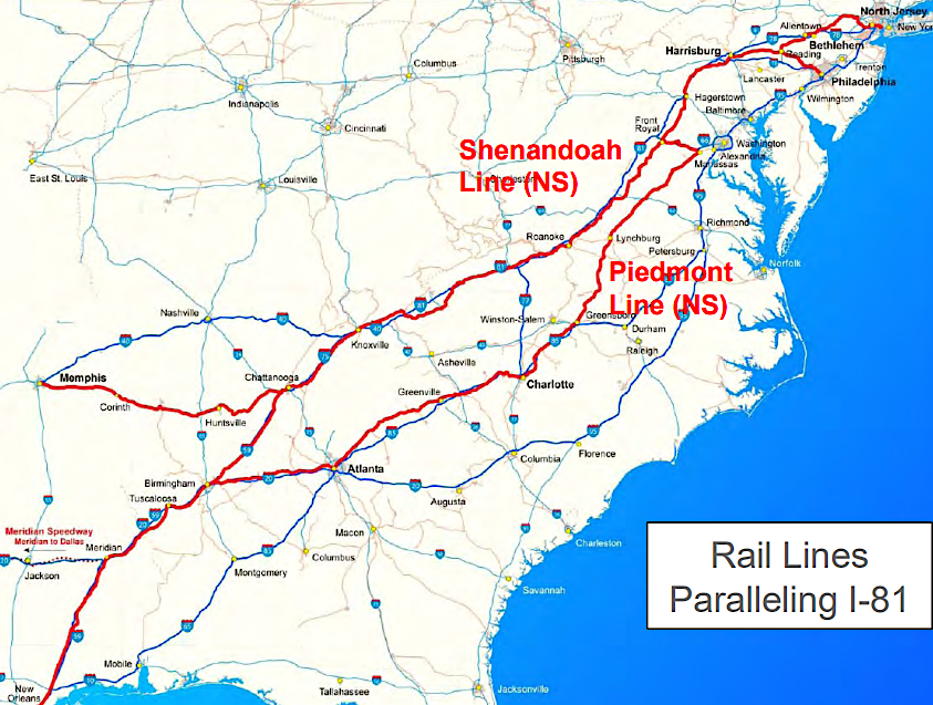 rail lines on either side of the Blue Ridge could capture some freight traffic, reducing trucks on I-81