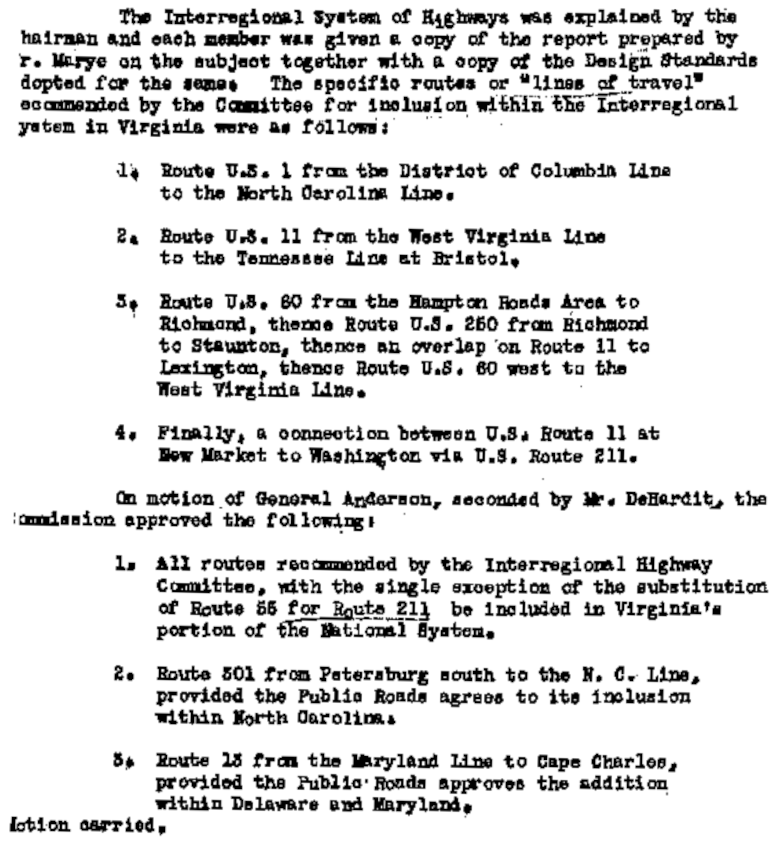 in 1945, Virginia highway officials identified six routes for new highways to cross the state