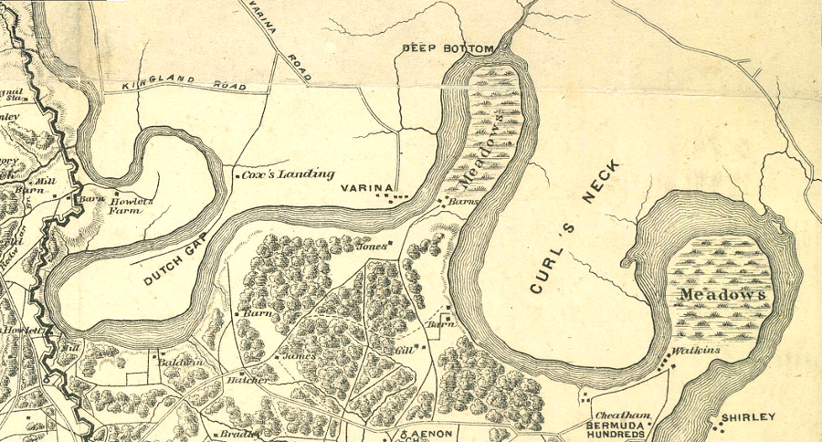 after the Civil War, the US Army Corps of Engineers cut through three bends of the James River to make it easier/faster for long ships to get to Richmond - but ships expanded faster than the channel was improved