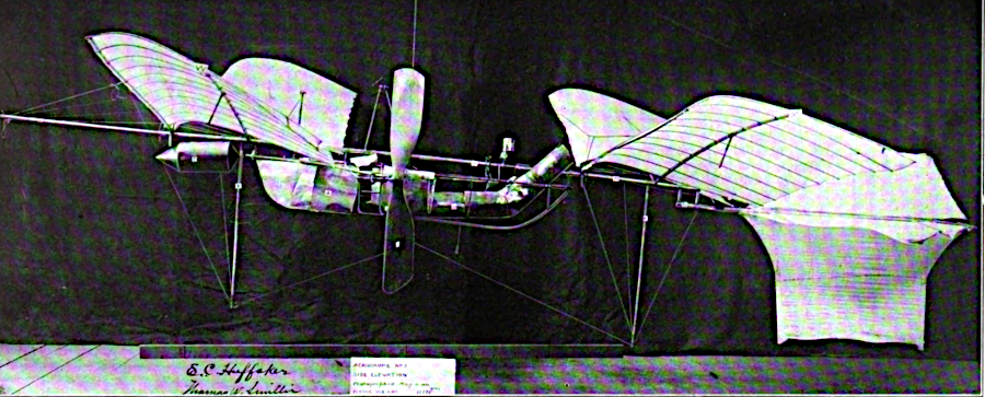 Aerodrome Number 6, looking from the side and tail, as repaired after the failed May 6, 1896 flight