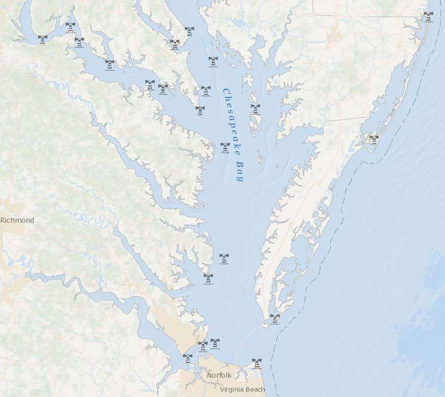 location of active lighthouses in Virginia (2020)