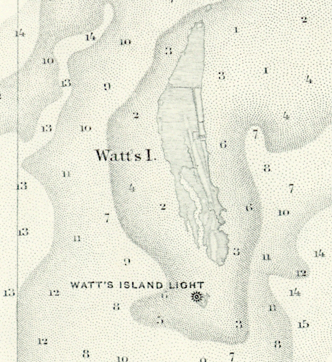 southern tip of Watts Island with lighthouse in 1866, before last lighthouse collapsed in 1944