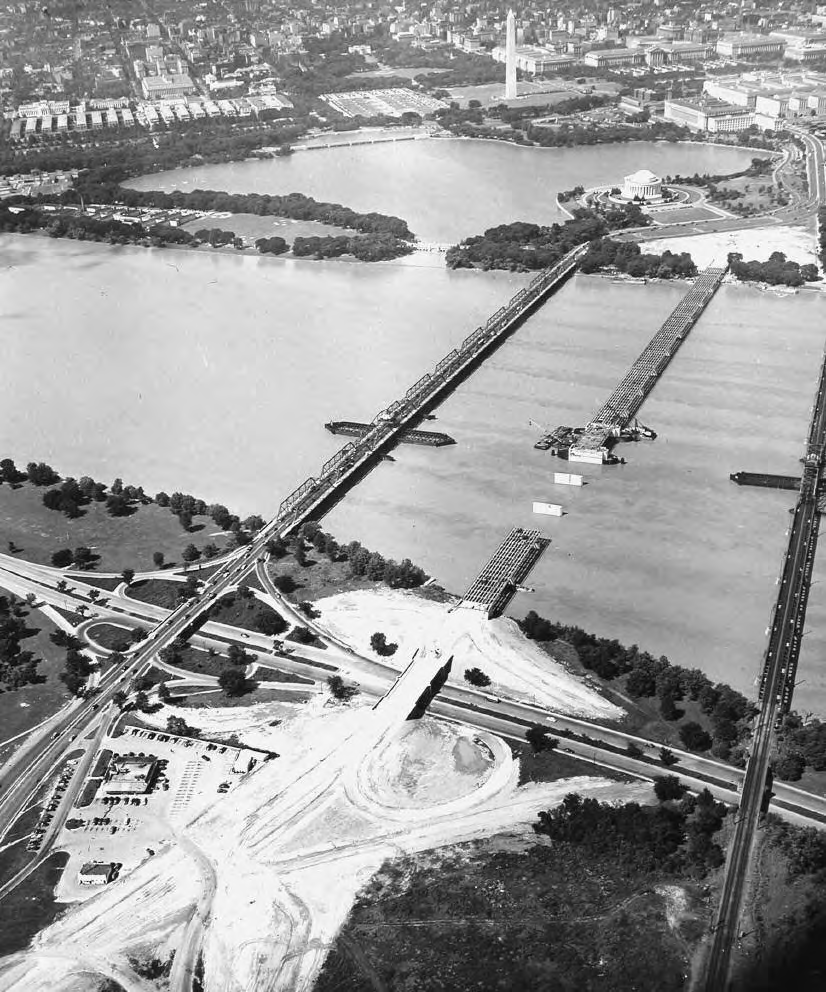 I-395 now uses Rochambeau Bridge (shown during construction in 1949), while two spans for the 14th Street Bridge have replaced the upstream bridge