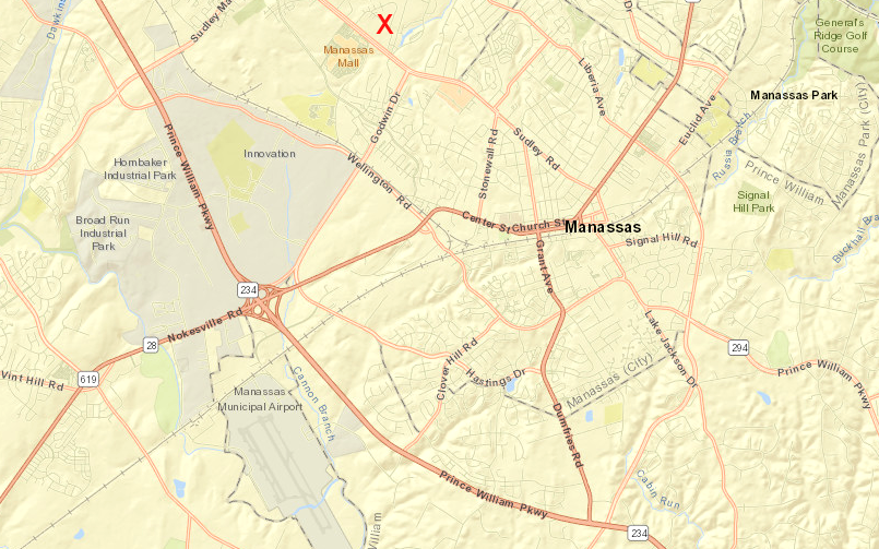 the original airport for Manassas, developed by private investors, is now the Manaport Shopping Center (red X) across the street from Manassas Mall