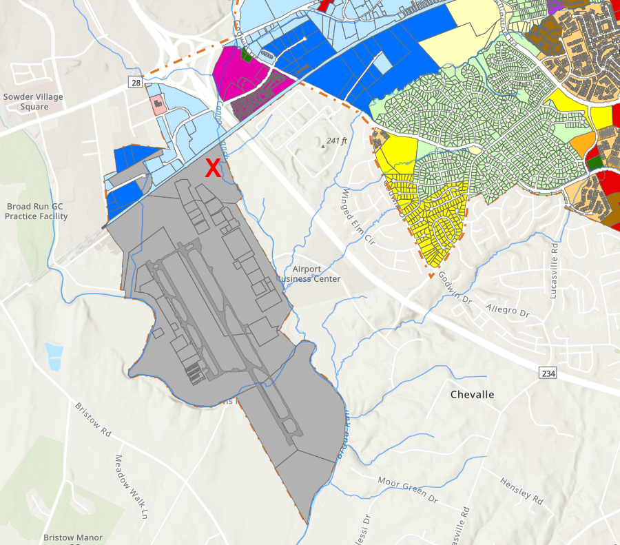 the City of Manassas sold 21 acres (red X) in the Airport District (colored in grey) for a data center in 2023