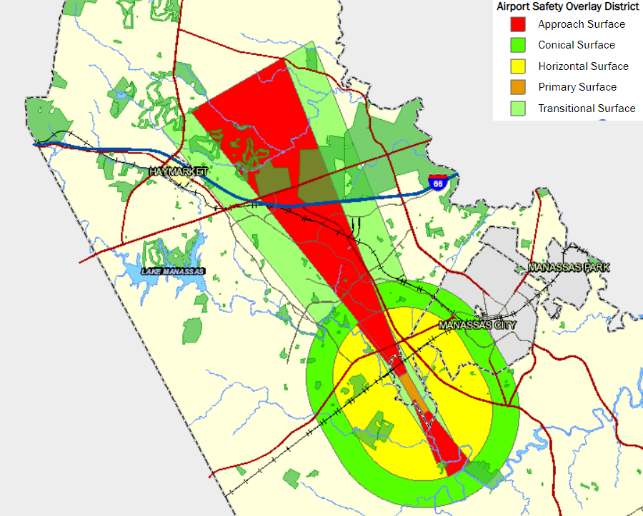 the Airport Safety Overlay District for Manassas Regional Airport impacts land use in Prince William County