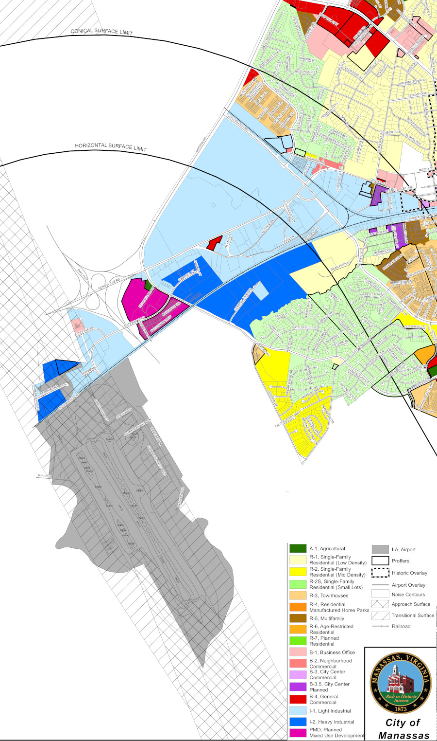 the Airport Impact Overlay District in Manassas impacts minimal private property within the city; noise is an issue primarily in Prince William County