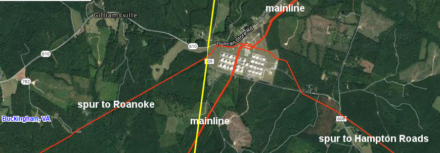 Colonial Pipeline built stub lines from Mitchell Junction to deliver petroleum products to Roanoke and Hampton Roads  (yellow line is Buckingham/Campbell county boundary)