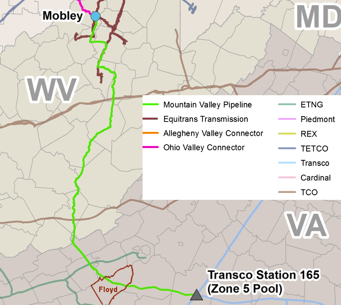 the proposed Mountain Valley Pipeline, to connect Marcellus and Utica natural gas supply to markets in the Southeastern United States, was revised from this original route to avoid Floyd county