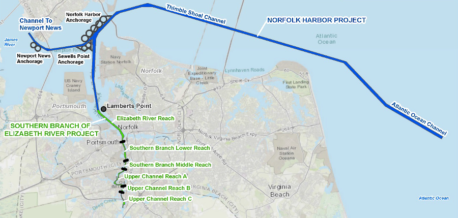 in 2017, the US Army Corps of Engineers recommended further widening and deepening of Hampton Roads shipping channels